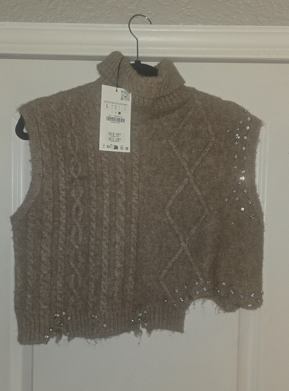 Zara Beige/Brown Embellished Cable Knit Turtleneck Sweater